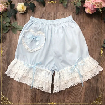 Candy Sweet~Cotton Lolita Bloomers Lace Home Shorts light blue L 