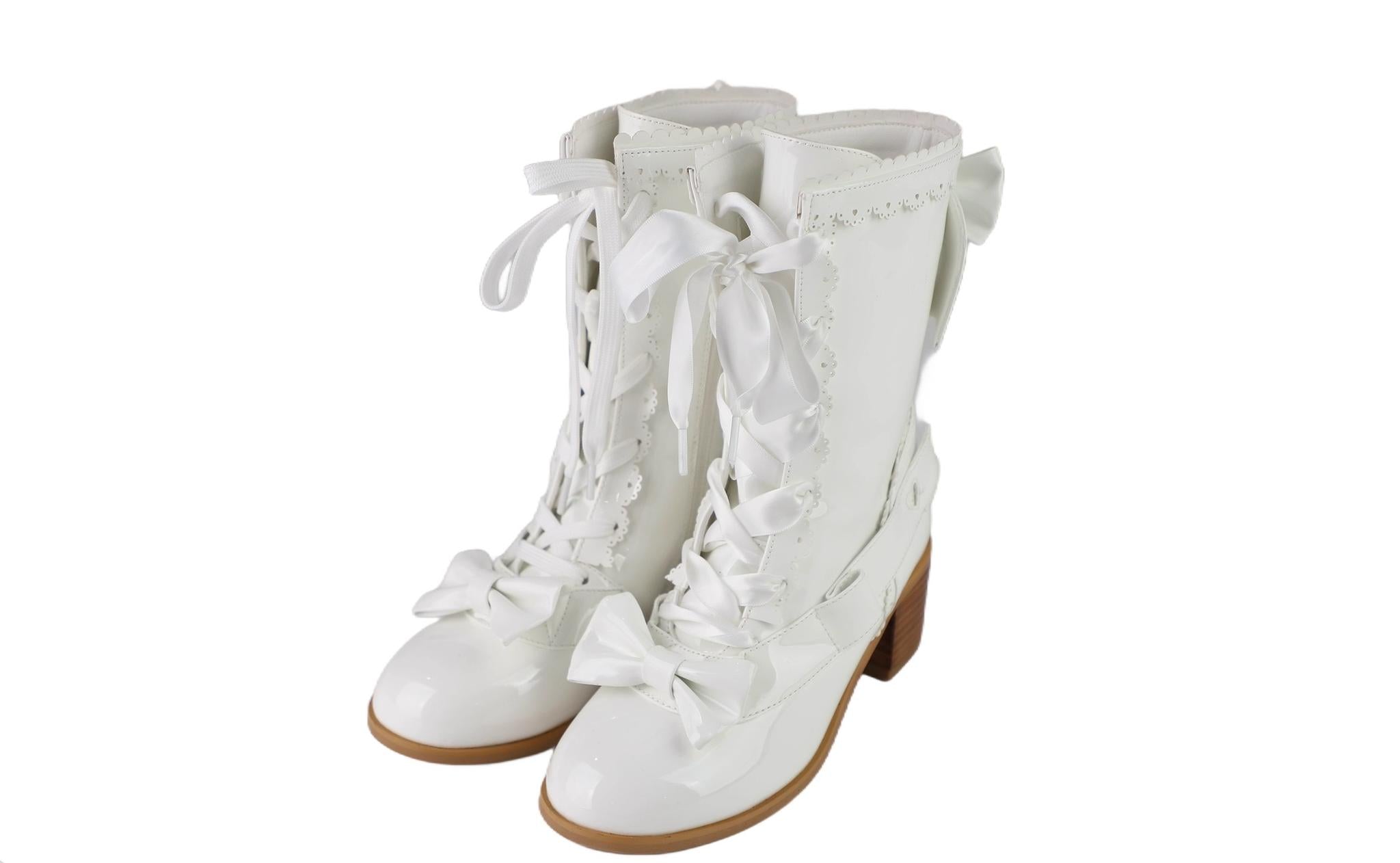 Sheep Puff - Sheepy Hooves - Kawaii Lolita Mid-Calf Boots, Side Zipper Patent White 34