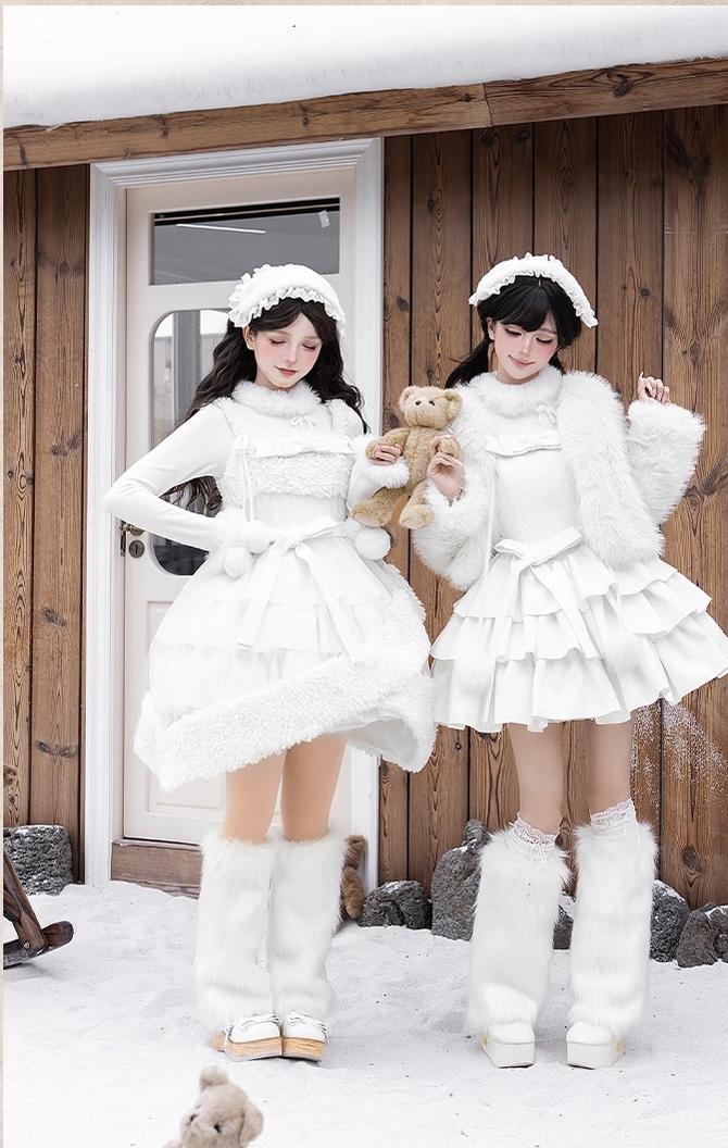 With PUJI - White Choco - Winter Kawaii Lolita JSK Dress Set, Fluffy Accents 44246:801117