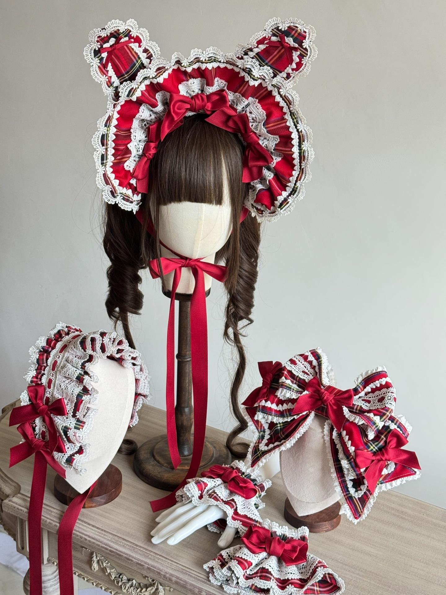 Red Plaid Lolita Headdress, Wire-edged Bunny Ear BNT 45826:864087