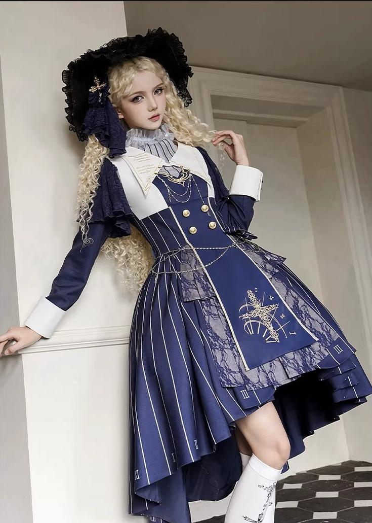 The Choir of the Church - Striped Gothic Lolita Dress Set, High-low Hem