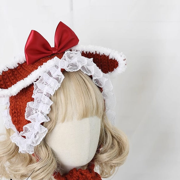 Xiaogui~Kawaii Lolita Bunny Ears Christmas Knit Hat free size (both for kids and adult) brownish red 
