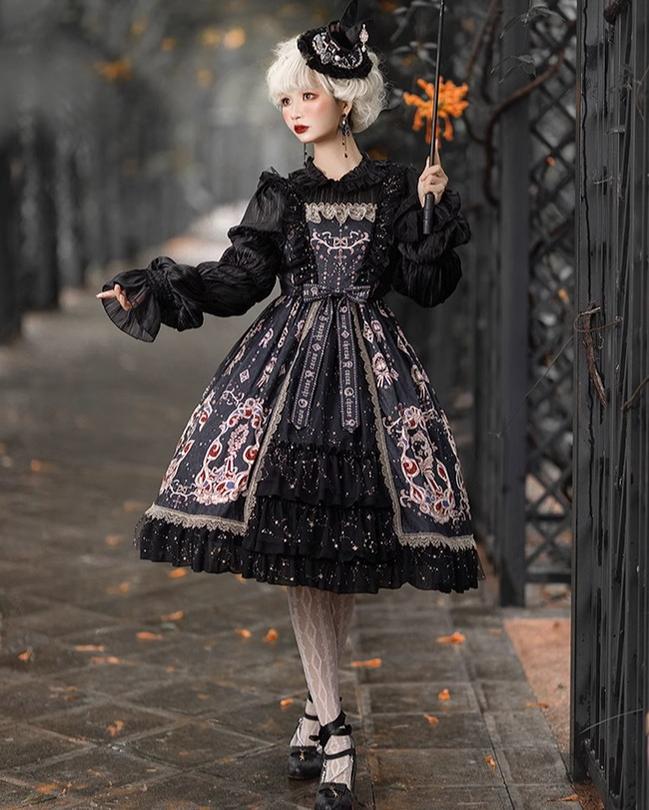 Cheese Cocoa~Star Drop Ceremony~Elegant Lolita JSK Printing Open Front Dress and Blouse Set S black JSK 