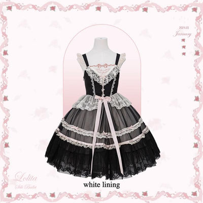 Flower and Pearl Box~Silk Ballet~Wedding Lolita JSK Dress Princess Bridal Dress XS Medium JSK (Black Pink) (White Lining) 