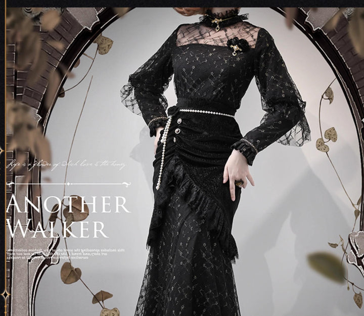 Another Walker~Night and Night Furan~Gothic Lolita Fishtail Skirt Set Black Lolita Set S Black (shirt) 