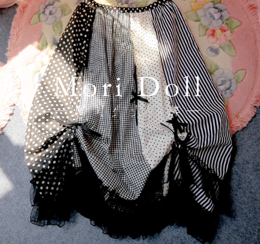 Mori Doll~Strawberry Jam~Sweet Lolita Dot and Stripe Print Skirt S black 