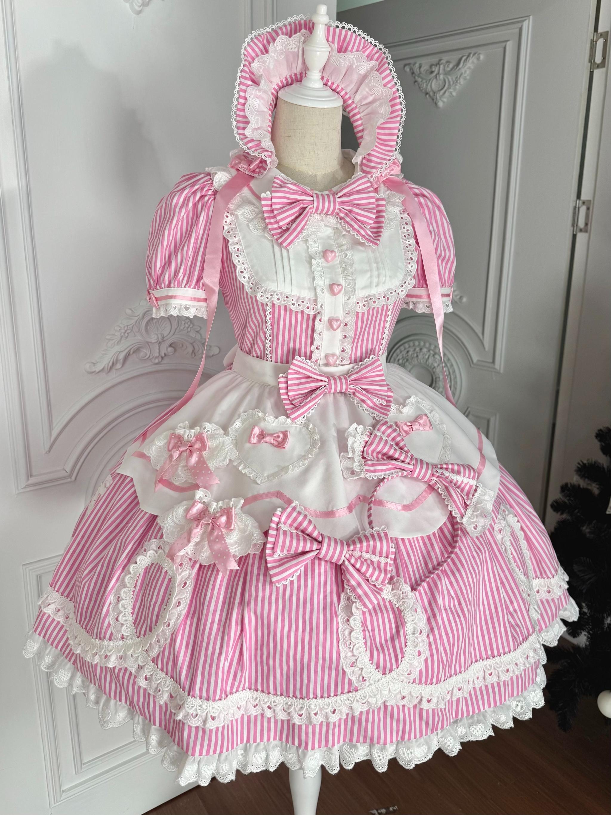 Candy Shop Manager - Old School Lolita Striped OP Dress, Detachable Apron Pink - OP (with apron) S