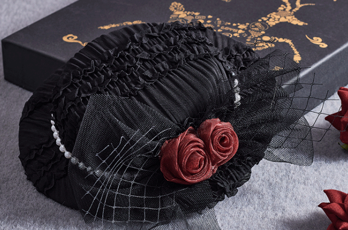 Sugar Time~Gothic Lolita Burgundy Hair Accessory a black bonnet  