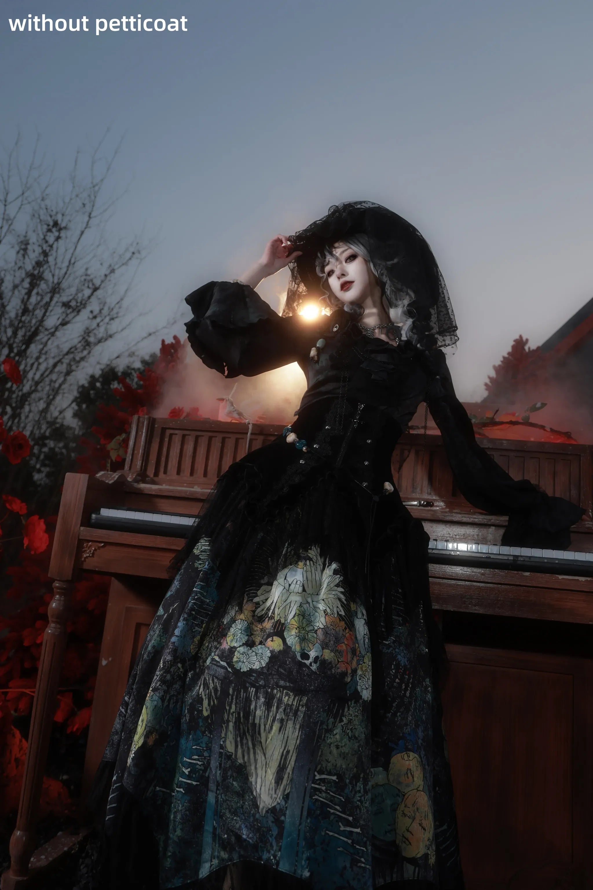 Bone Garden - Printed Gothic Lolita Skirt, Boning Corset