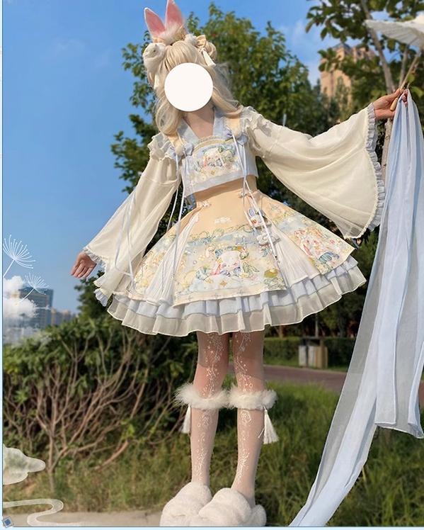YingLuoFu~Laurel~Kawaii Han Lolita Jumper Dress Rabbit Print   