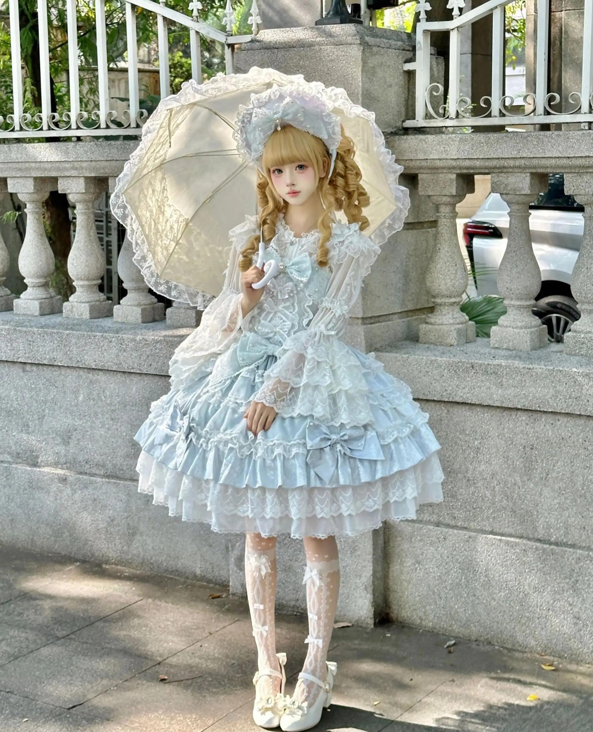 Slumbering Pearl Curtain - Sweet Lolita JSK Dress, Pearl Bows and Layered Lace 45780:862499