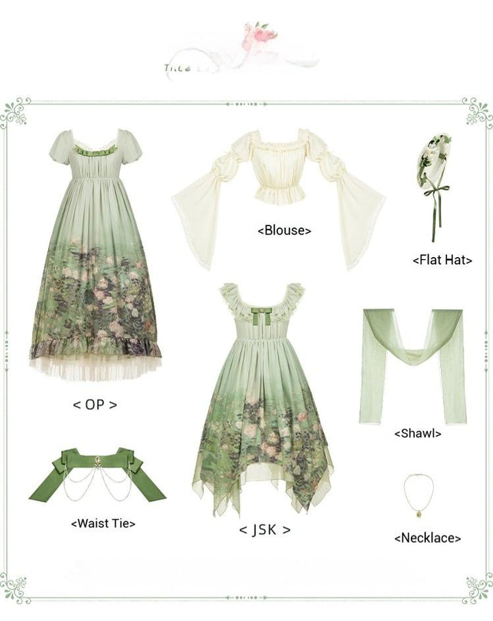 With PUJI~Blooming Rose~Chiffon Classic Lolita Dress Set Painting Styled OP & JSK 42925:758721