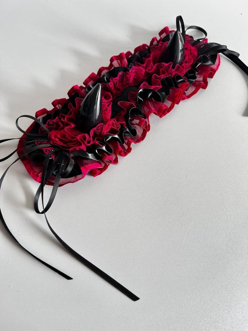 MAID~Gothic Lolita Halloween KC Devil Horn Hairband Customizable Color Black x Wine Red 32552:397264