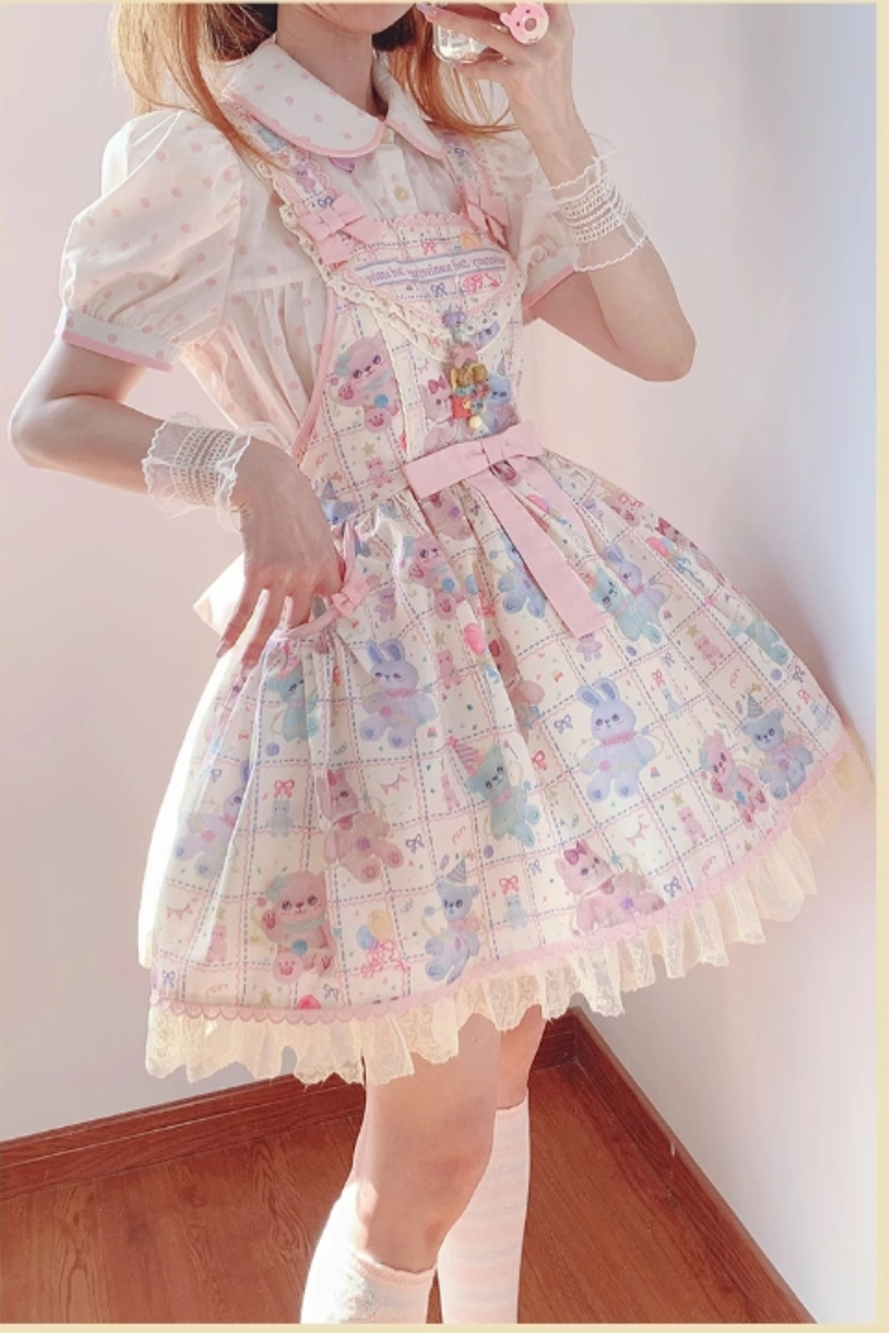 RichLolita~Starry Pudding Bear~Sweet Lolita Jumper Dress Printed OP Dress   