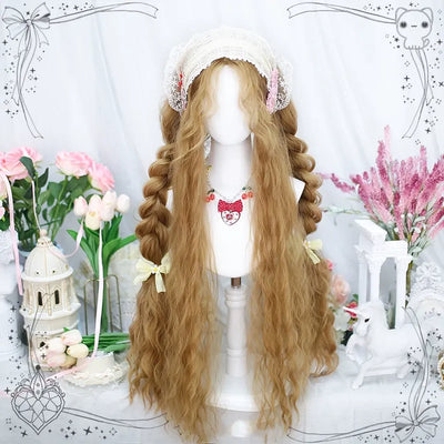 Dalao~Maeda~Anime Ponytail Lolita Natural Wool Curly Long Wig Sugar Gold Wig With Hairnet  