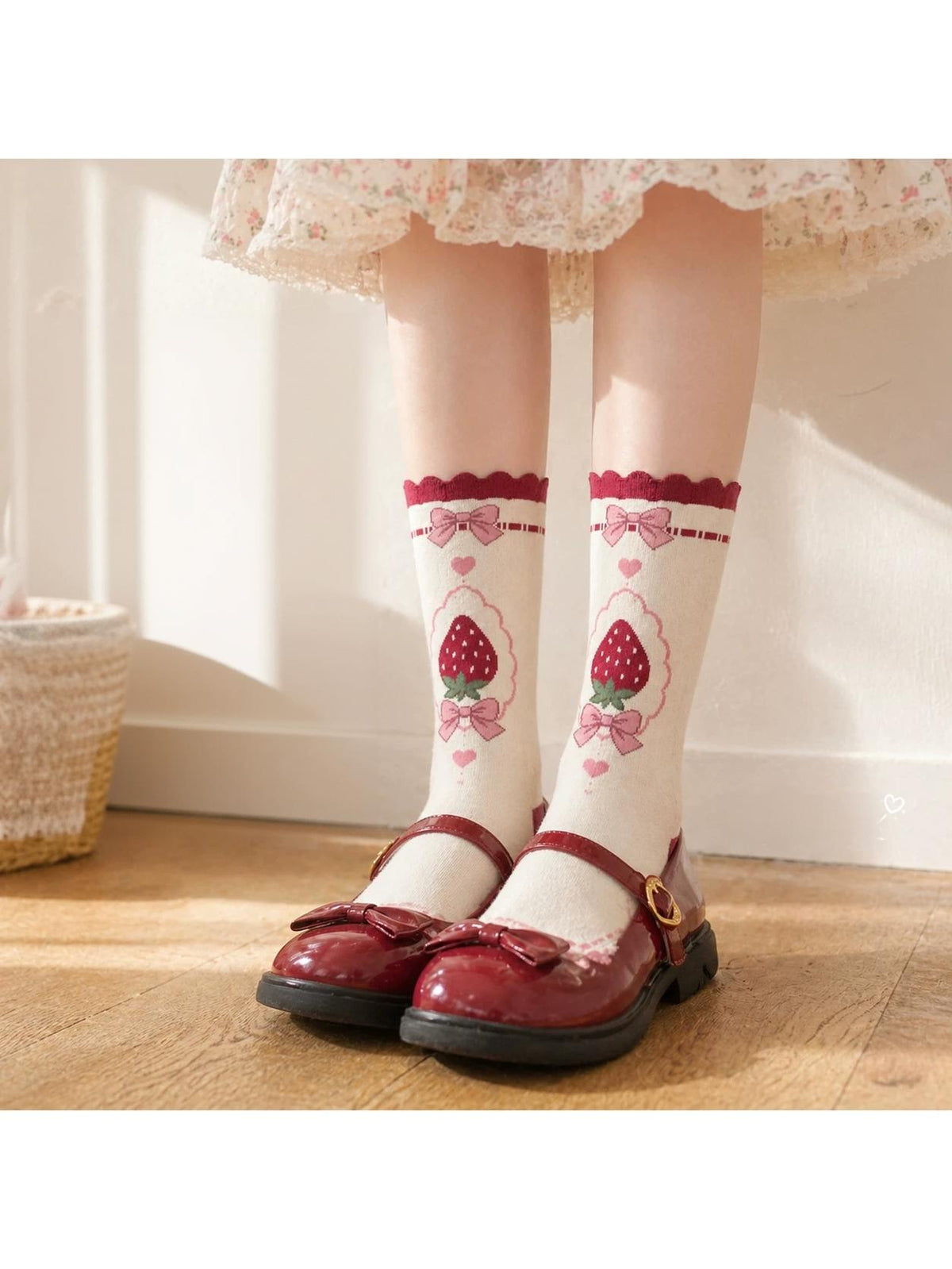 Cotton Sweet Lolita Mid-calf Socks, Strawberry Jacquard 45902:867343