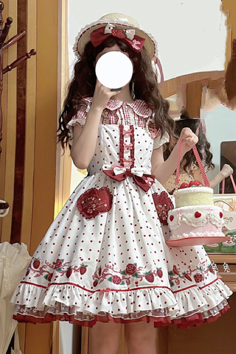 Forest Fluorescent Carps~Strawberry Diary~Sweet Lolita JSK Dress Strawberry Print S Adult JSK 