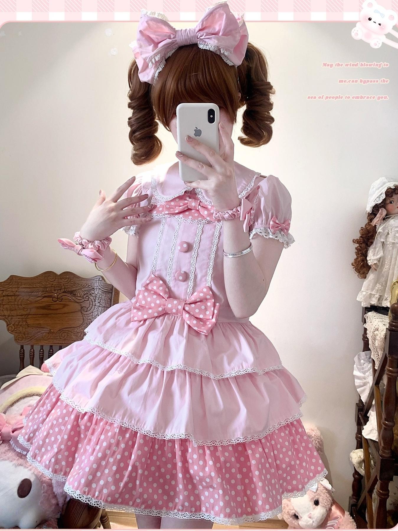 Sweet Dream Sheep - Polka Dot Tri-Hem - Cotton Sweet Lolita Salopette, Peter-pan Shirt