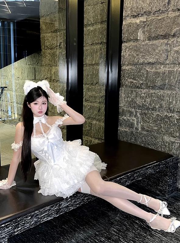 (BFM)Diamond Honey~Pure Love Commemoration~Wedding Lolita Dress Suit Lace Bridal SK Free size White (top + skirt + back bow + trailing) 