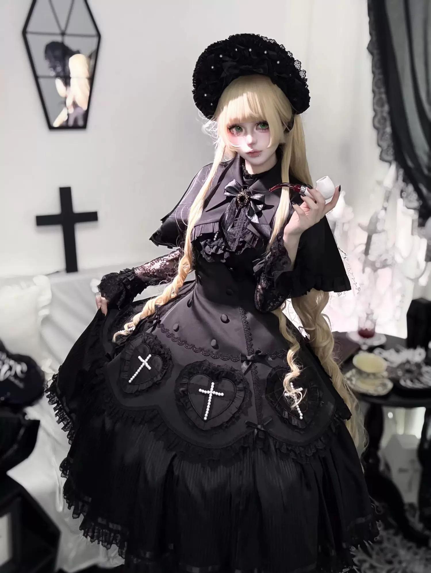 Nocthymn Cross - Gothic Lolita OP Dress with Pearled Cross, Detachable Sleeves 45813:863461