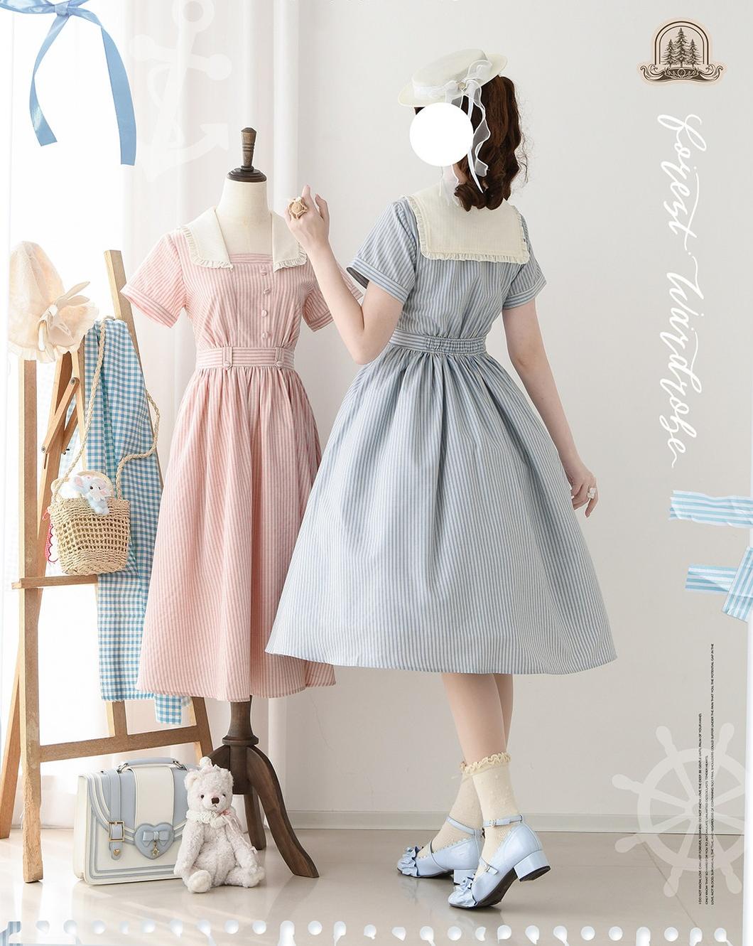 Endless Forest - Summer Striped Classic Lolita OP Dress, Short Sleeve