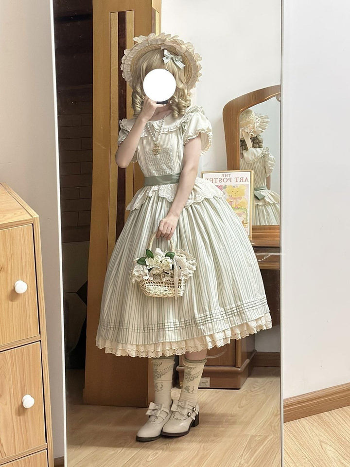 KOMOMO~Little Wild~Country Lolita OP Dress with Rattan Handbag and Hat