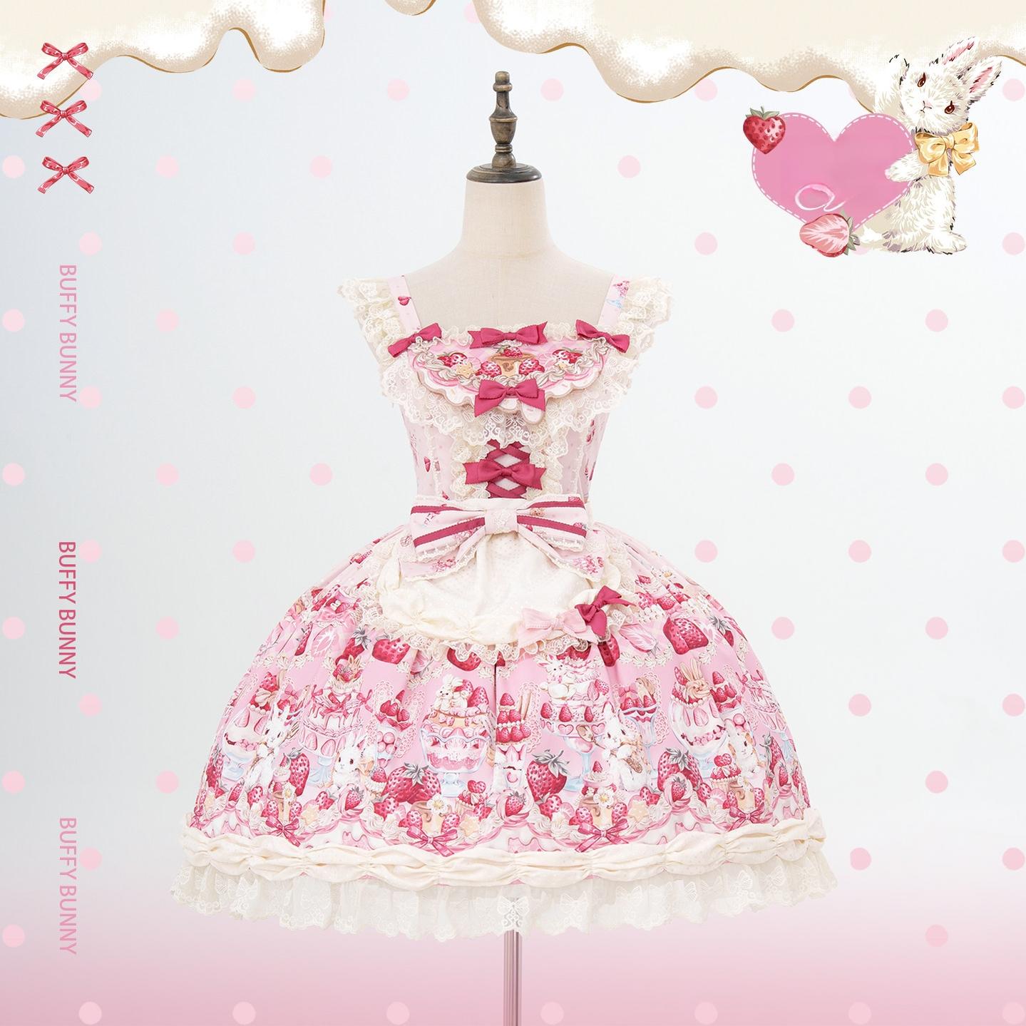 Bavarois Dessert Bunny - Sweet Lolita Strawberry Print JSK Dress (L M S / Pre-order) 45546:855046