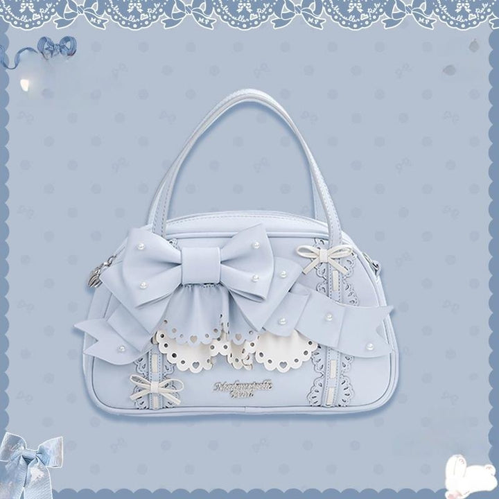 Mademoiselle Pearl~Bow Rabbit~Sweet Lolita Handbag With Bows & Pearls Blue Free size