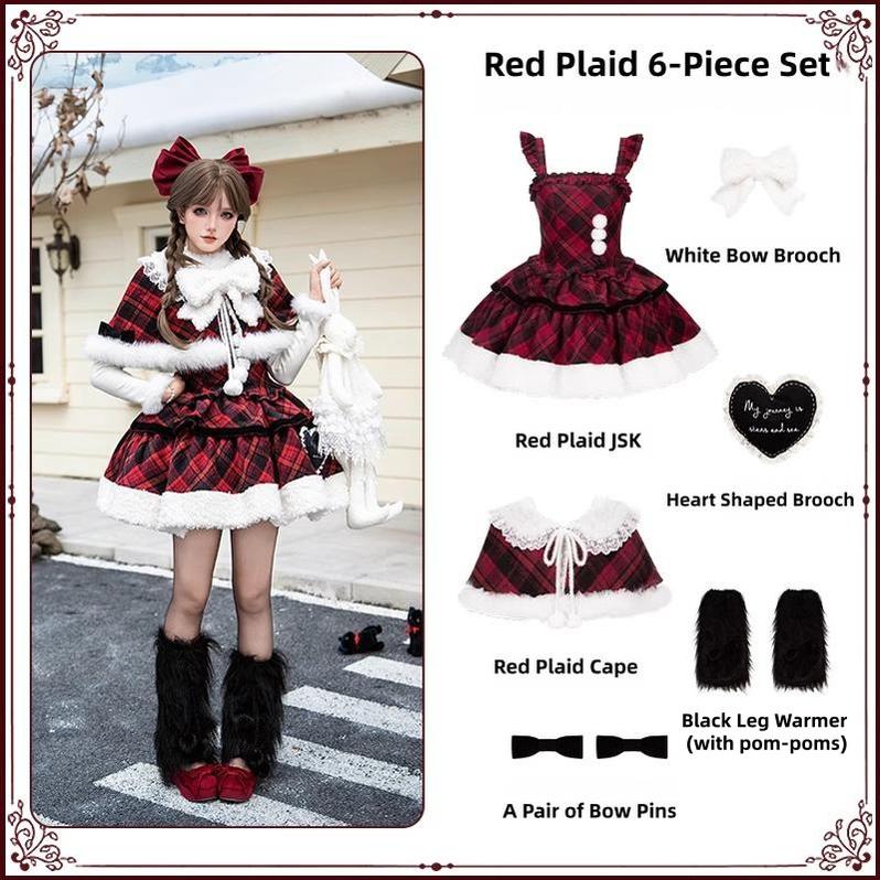 With PUJI - Snow Night Serenade - Fluffy Plaid Kawaii Lolita JSK, Reversible Cape (L M S) 44279:815019