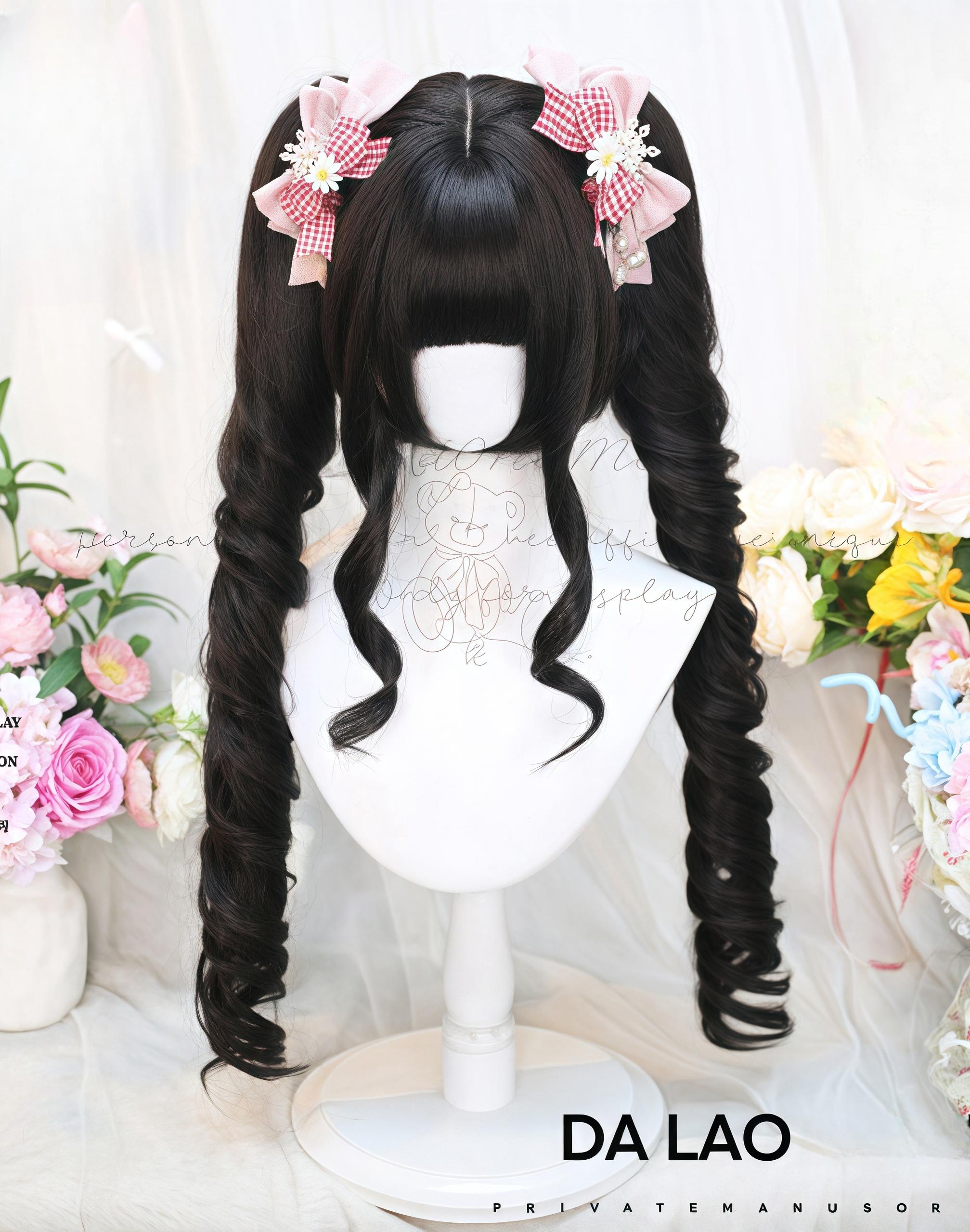 Dalao Home - Daily Lolita Wig with Roman Roll Twins Tails Multi Color Black Tea