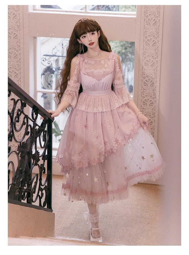 Nikki Tomorrow~Stars Descending~Pink Classic Lolita OP Mesh Embroidery Dress