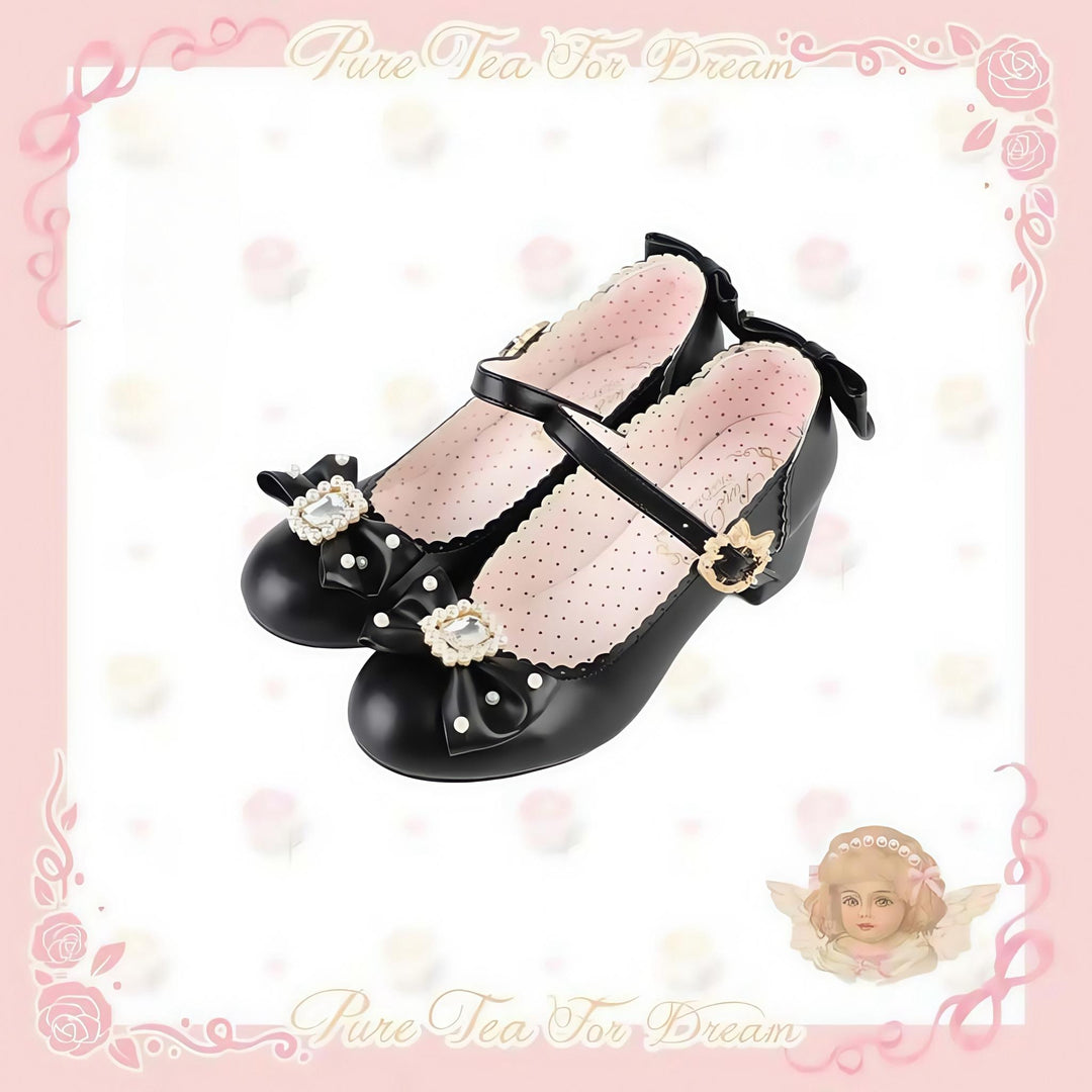 Pure Tea For Dream~Vintage Gemstone~Sweet Lolita Shoes Round Toe Heels with Bow Piano black 35