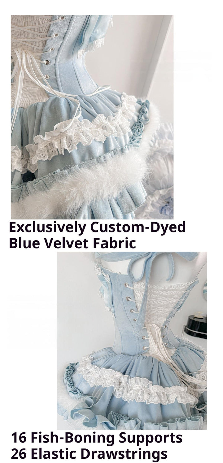 POSHEPOSE~Chuling Swan Lake~Sweet Lolita JSK Set Velvet Blue Dress for Prom 42865:755987