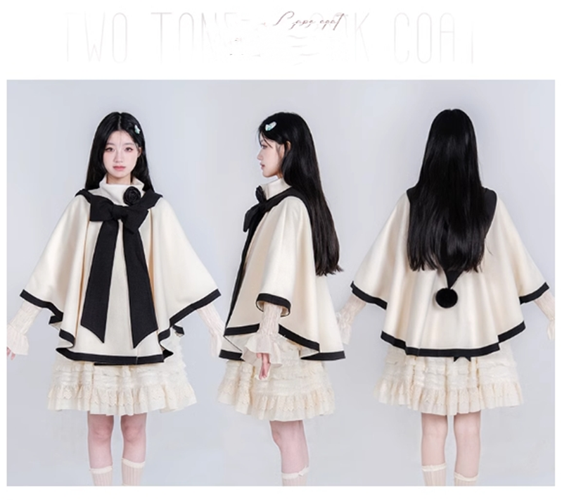 Urtto~Lolita Woolen Coat Autumn Winter Elegant Red and Cream Cloak   