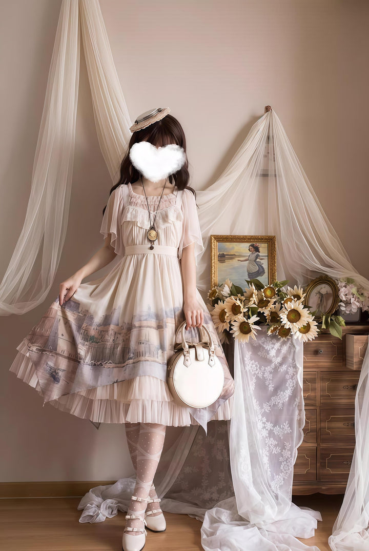 Forest Song - Adriatic - Classic Lolita JSK Chiffon Dress, Gulf City Print