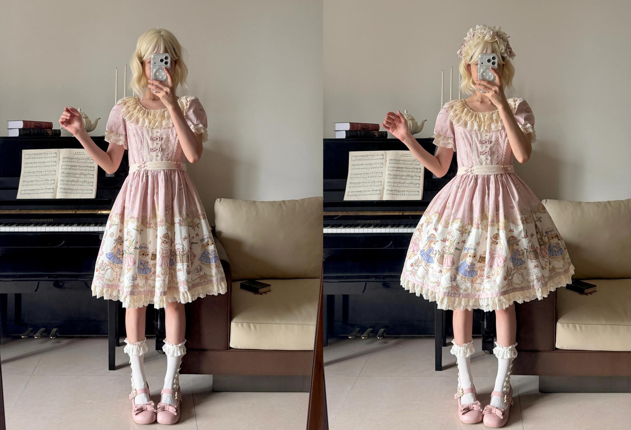 Picnic Bunny - Cotton Daily Doll-like Lolita OP Dress, Bunny Print 45670:858021