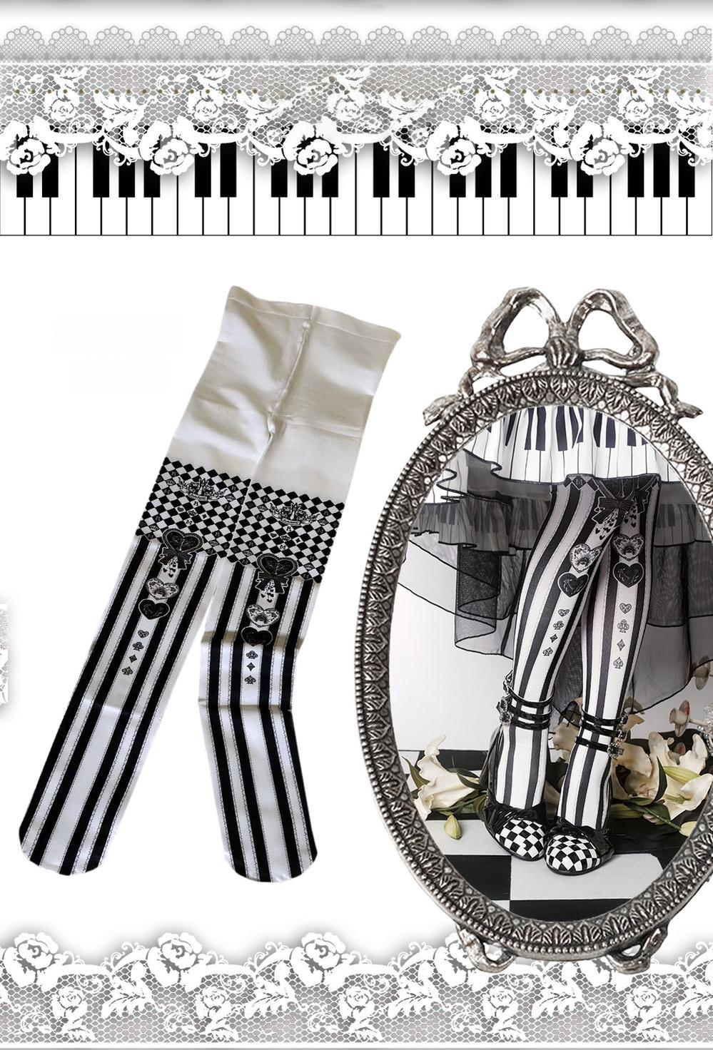 Black-white Anne - Gothic Lolita Velvet Tights, Checkerboard & Stripes