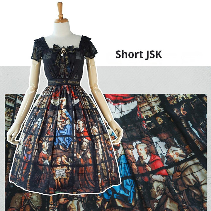 GOTHIC LOLITA~Rosary in the illusional library~Gothic Lolita Print JSK Dress Short JSK with bow brooch S