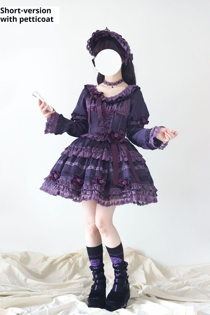 Uncle Wall Original~Stacked Black Currant~Gothic Lolita OP Dark Adjustable Lolita Dress Pre-order S Pure purple OP only - detachable skirt