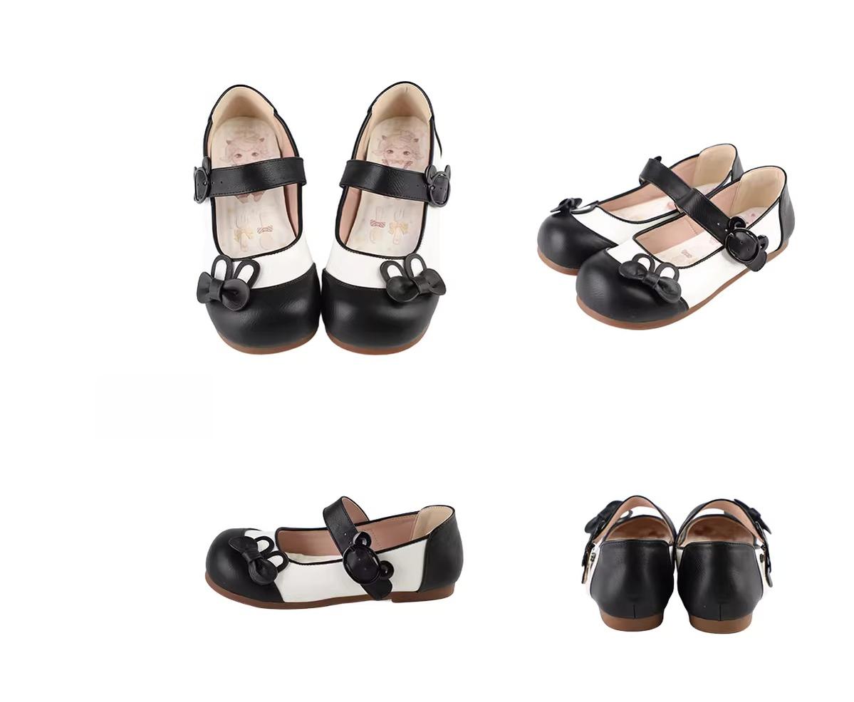 Bunny Milk Candy - Kawaii Lolita Flat Shoes, 3D Bunny Ear Bow Black 34
