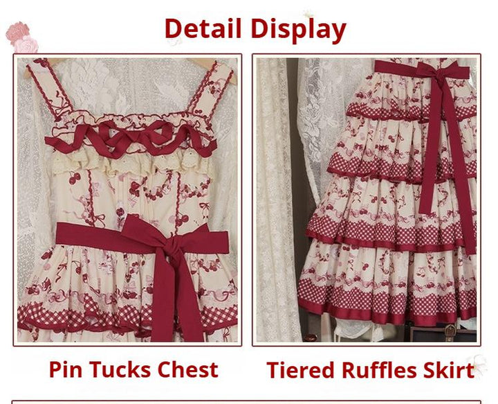 Honey Machine~Ripe Cherry~Country Lolita JSK Dress With Tiered Skirt and Cherry Print