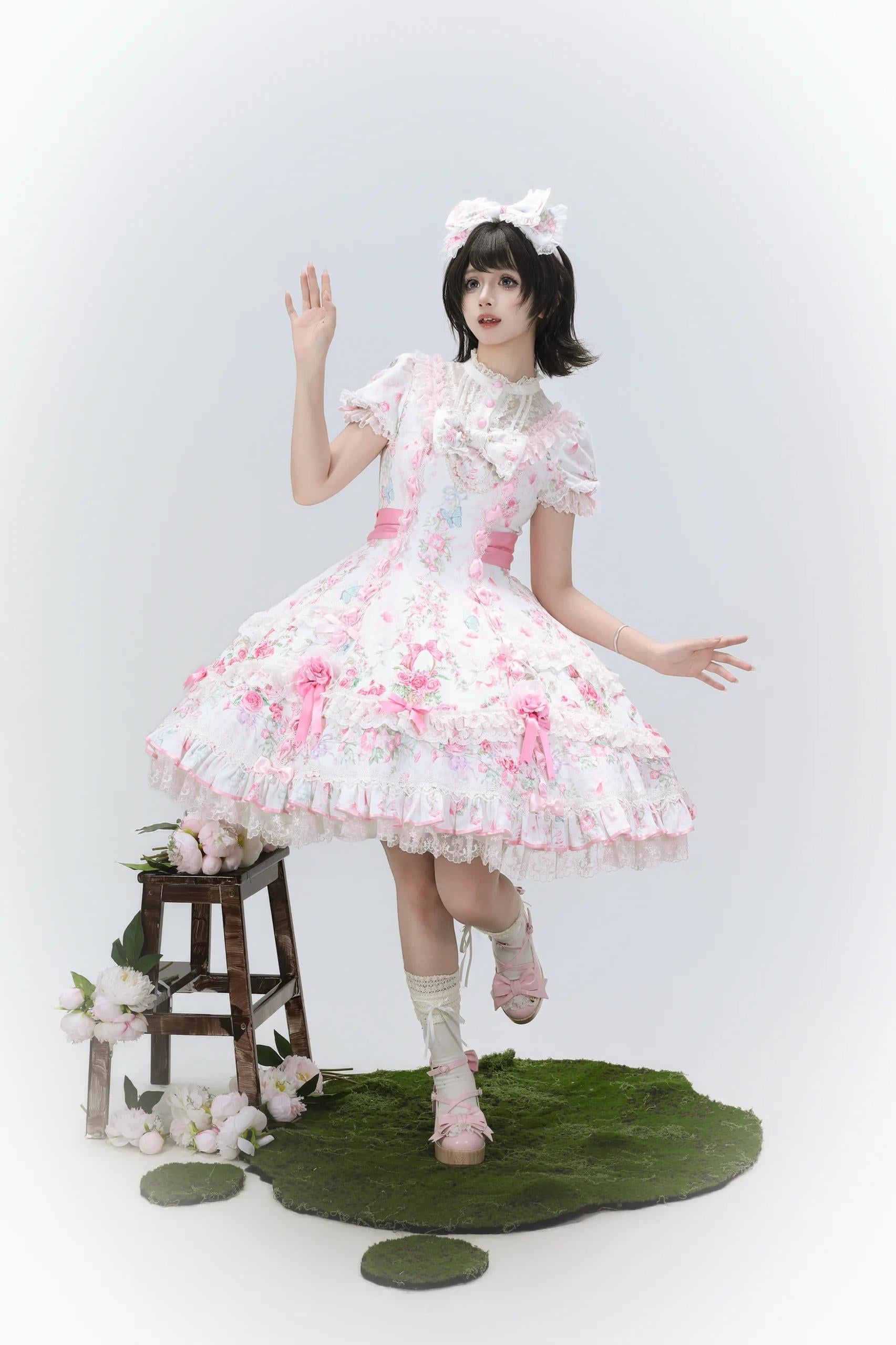 Eternal Vow - Old School Lolita Jacquard OP, Floral and Butterfly Print 45830:865736