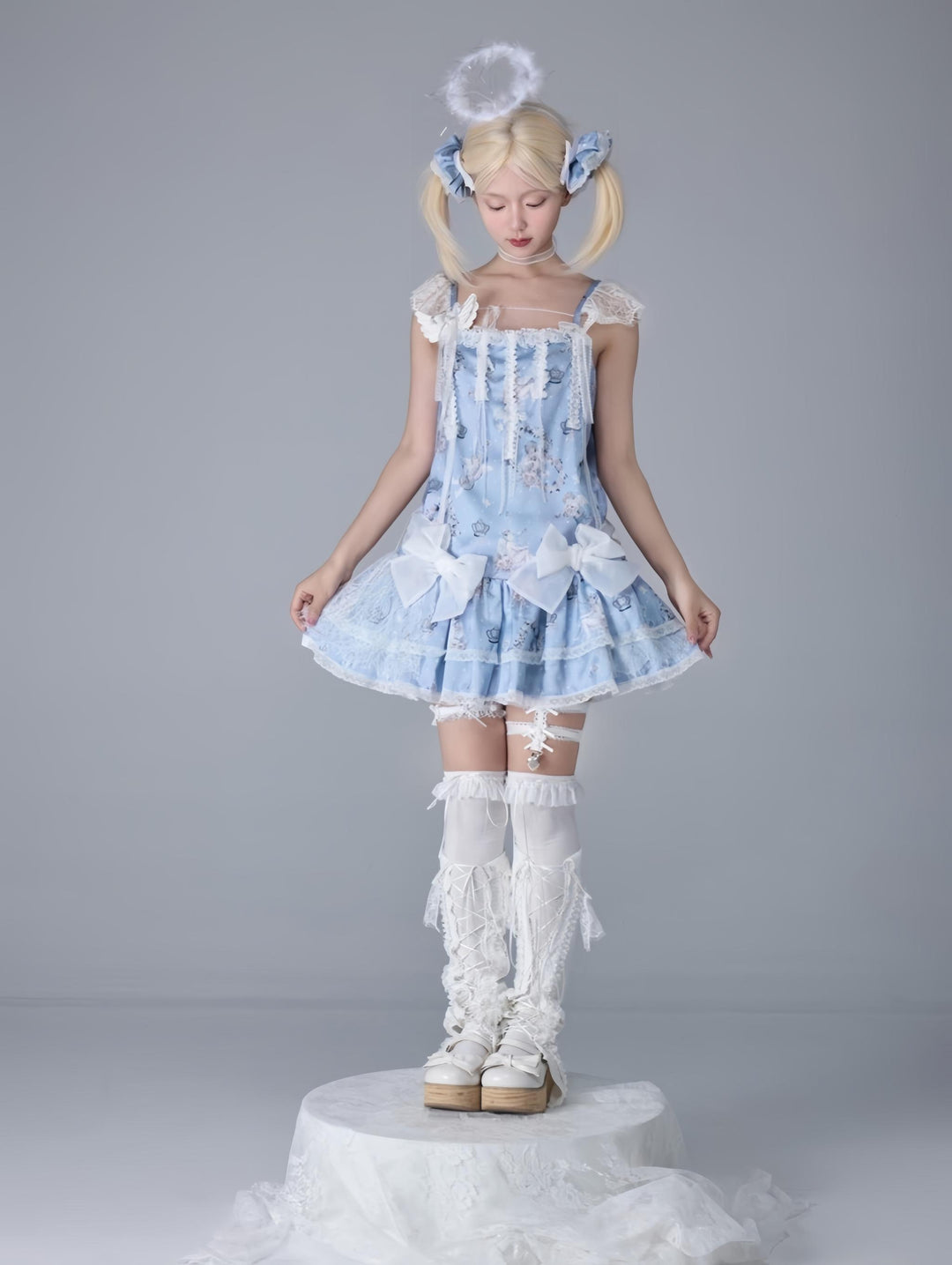 Bacio Bouquet~Hyaline Angel~Daily Lolita Low Waist Dress with Angle Print&Lace Detail Blue -S
