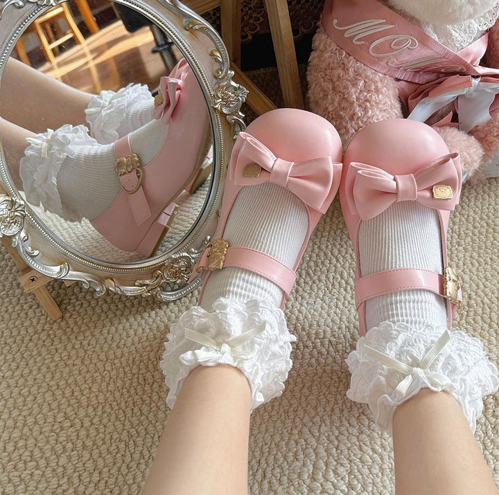 Sheep Puff~Mikko Hug~Sweet Lolita Shose Round Toe Lolitta Heels Butterfly Bow