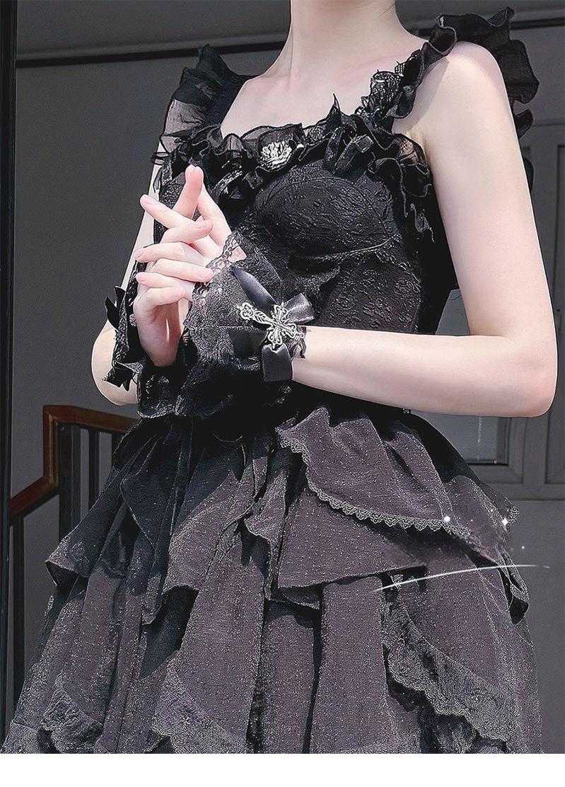 Hua Nai Cat~Gothic Lolita Cuffs with Cross Black and White Hand Sleeve   