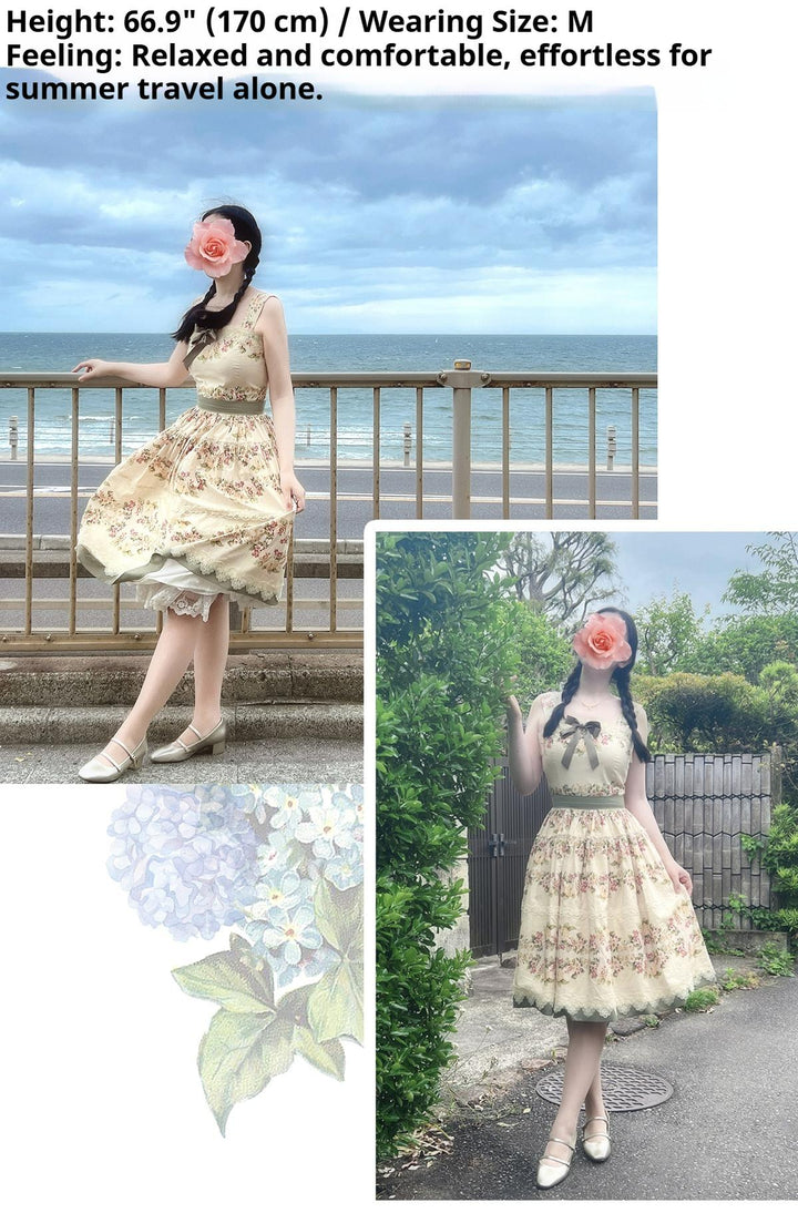 Surface Spell - Blooming Roses Over a Porch - Cotton Elegant Lolita JSK Dress, Floral Print