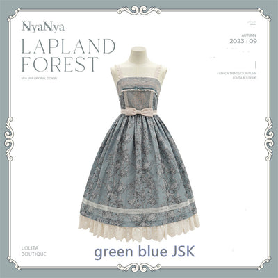 (Buyforme)NyaNya~ Lapland Forest~ Lolita Elegant Vintage Floral JSK OP Dress Pre-order (4-5 months before shipping ) Free size JSK-green blue ( with pockets on 2 sides)