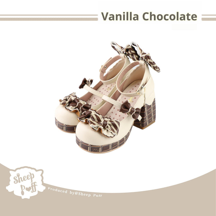 Sheep Puff~Layered Pastry~Sweet Lolita High Heel Shoes Chocolate Prints Shoes 35 Vanilla chocolate