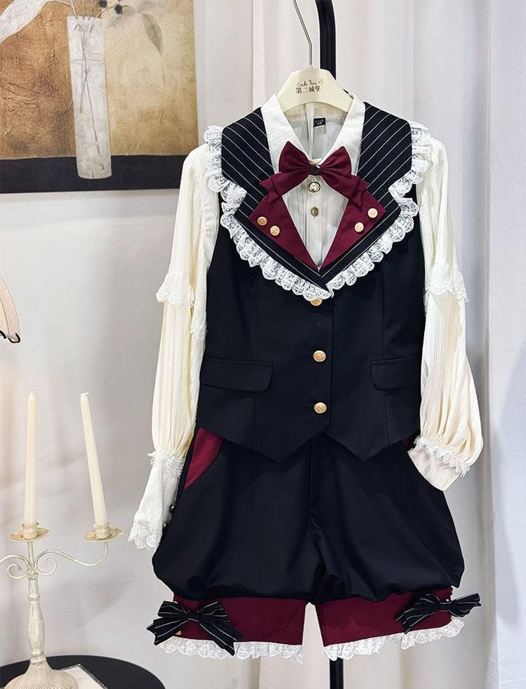 Candy Shop - Ouji Lolita Vest Set, Ruffle Hem Bow Shorts (L M S XL) 45061:832853