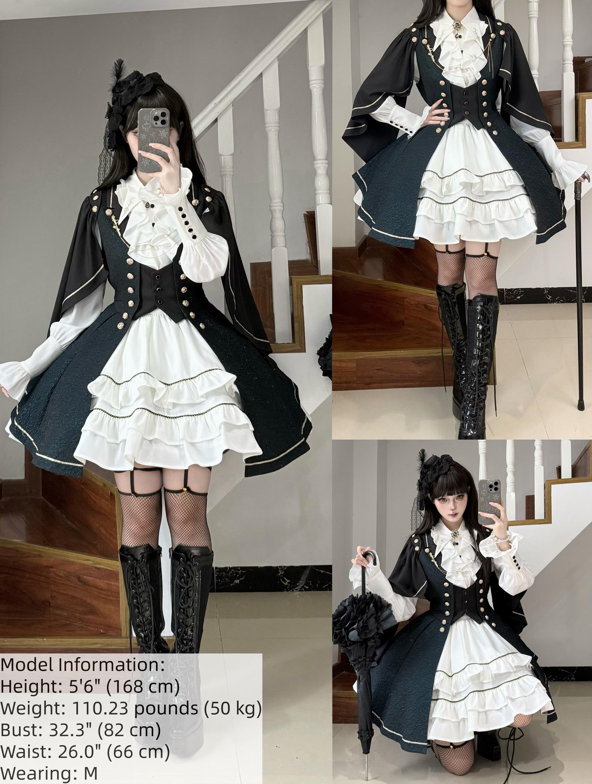 Fallen Moon Code - Retro Military Lolita Capelet-Sleeve Set: Vest, Skirt & Pants
